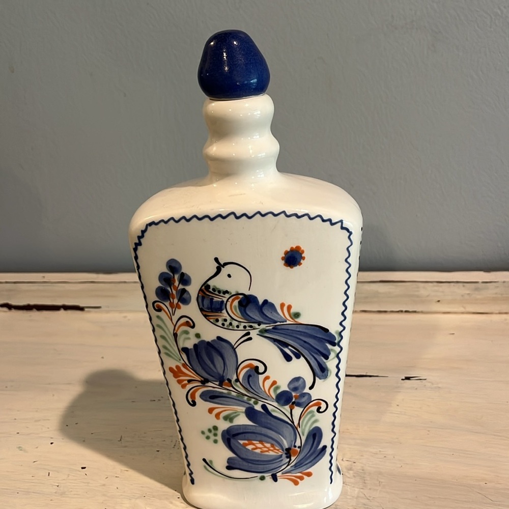 Hand Painted Ceramic Decanter Folk Art Bird And Flowers Made in Hungary Signed